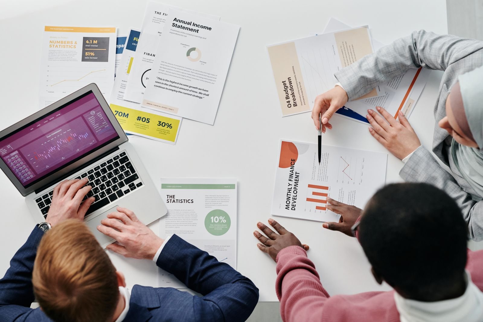 Advisors reviewing reports around a table